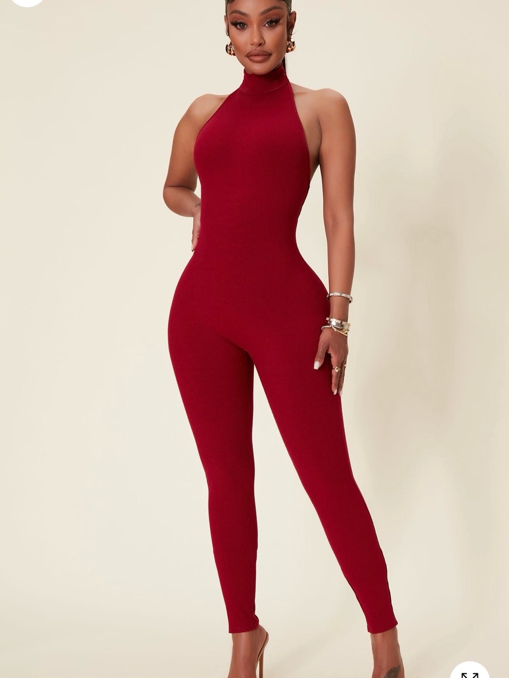 Fashion Nova Sleeveless High-Neck Ribbed Jumpsuit - Burgundy